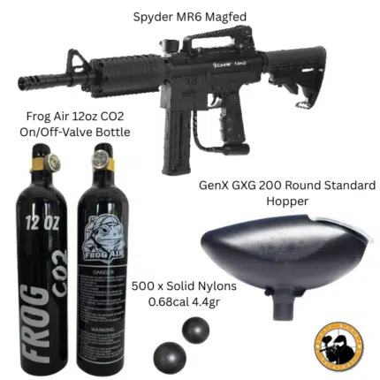 spyder mr6 magfed + 12oz co2 + 500 x 4.4gr nylons + hopper 0.68 caliber black