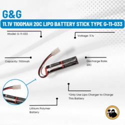 G&g 11.1v 1100mah 20c Lipo Battery Stick Type G-11-033 - Dyehard Paintball