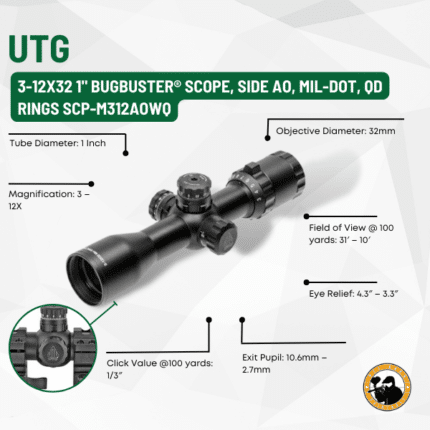 utg 3-12x32 1" bugbuster® scope, side ao, mil-dot, qd rings scp-m312aowq