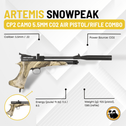 artemis snowpeak cp2 camo 5.5mm co2 air pistol/rifle combo