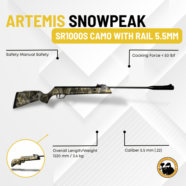 Artemis Snowpeak Sr1000s Camo with Rail 5.5mm - Dyehard Paintball