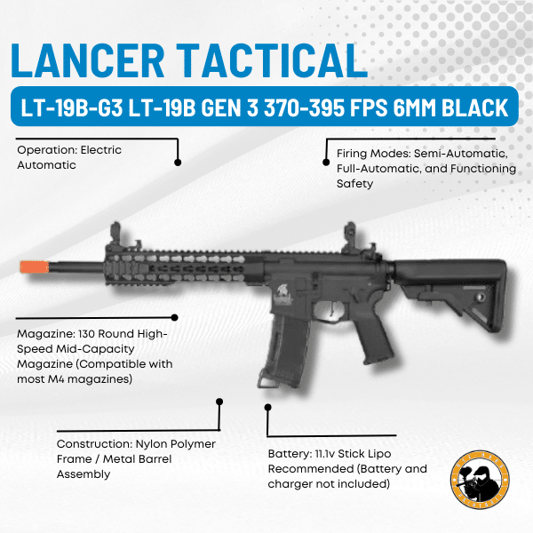 Lancer Tactical Lt-19b-g3 Lt-19b Gen 3 370-395 Fps 6mm Black - Dyehard Paintball