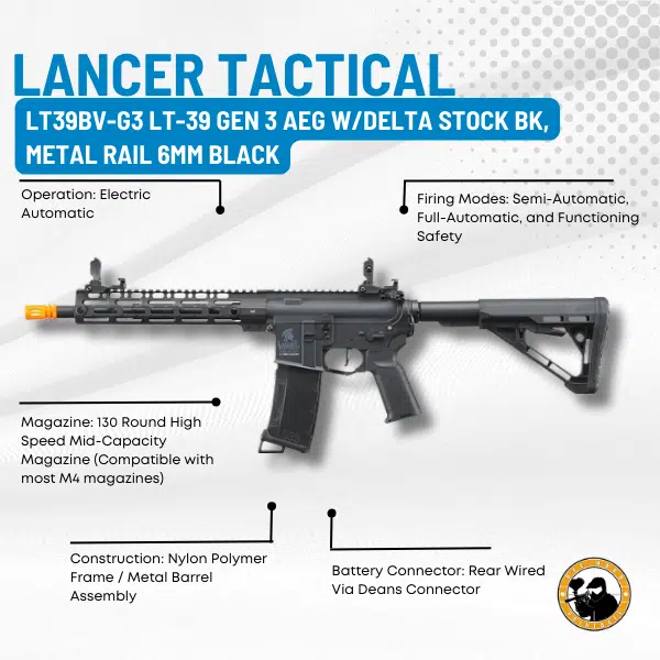 Lancer Tactical Lt39bv-g3 Lt-39 Gen 3 Aeg W/delta Stock Bk, Metal Rail 6mm Black - Dyehard Paintball