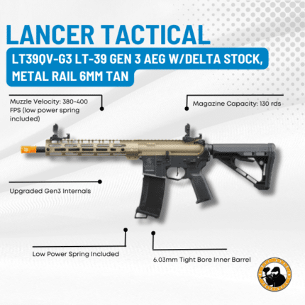 lancer tactical lt39qv-g3 lt-39 gen 3 aeg w/delta stock, metal rail 6mm tan