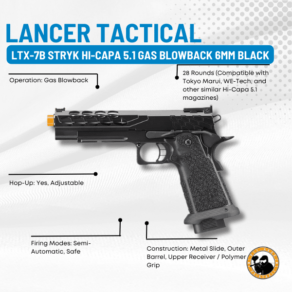 Lancer Tactical Ltx-7b Stryk Hi-capa 5.1 Gas Blowback 6mm Black - Dyehard Paintball