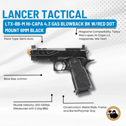 lancer tactical ltx-8b-m hi-capa 4.3 gas blowback bk w/red dot mount 6mm black