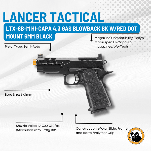 Lancer Tactical Ltx-8b-m Hi-capa 4.3 Gas Blowback Bk W/red Dot Mount 6mm Black - Dyehard Paintball
