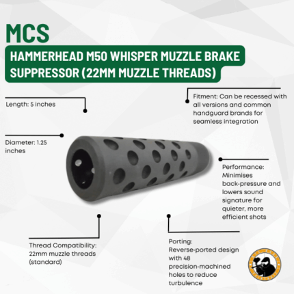 mcs hammerhead m50 whisper muzzle brake suppressor (22mm muzzle threads)