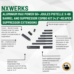 nxwerks aluminium max power 50+ joules pistelle x-68 barrel and suppressor combo kit (4.5"+reaper suppressor extension)