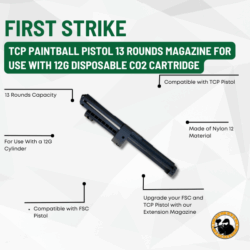 first strike tcp paintball pistol 13 rounds magazine for use with 12g disposable co2 cartridge