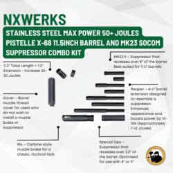 nxwerks stainless steel max power 50+ joules pistelle x-68 11.5inch barrel and mk23 socom suppressor combo kit