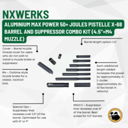 nxwerks aluminium max power 50+ joules pistelle x-68 barrel and suppressor combo kit (4.5"+m4 muzzle)