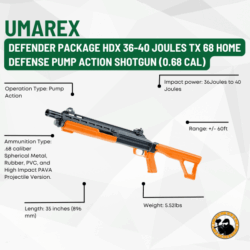 umarex defender package hdx 36-40 joules tx 68 home defense pump action launcher (0.68 cal)