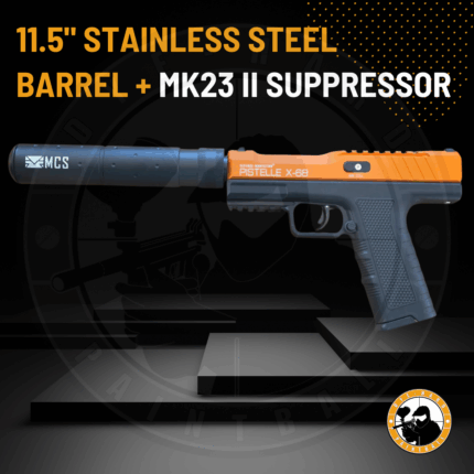stainless steel max power 50+ joules pistelle x-68 11.5inch barrel and mk23 socom suppressor combo kit
