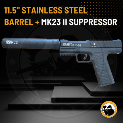 stainless steel max power 50+ joules pistelle x-68 11.5inch barrel and mk23 socom suppressor combo kit