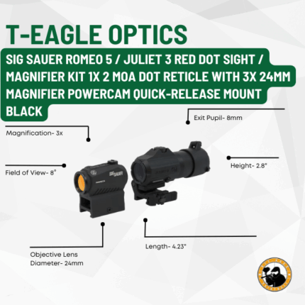 t-eagle optics sig sauer romeo 5 / juliet 3 red dot sight / magnifier kit 1x 2 moa dot reticle with 3x 24mm magnifier powercam quick-release mount black