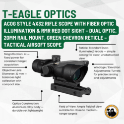 t-eagle optics acog style 4x32 rifle scope with fiber optic illumination & rmr red dot sight – dual optic, 20mm rail mount, green chevron reticle – tactical airsoft scope