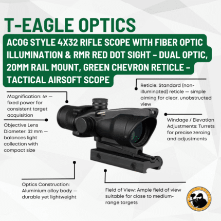 t-eagle optics acog style 4x32 rifle scope with fiber optic illumination & rmr red dot sight – dual optic, 20mm rail mount, green chevron reticle – tactical airsoft scope