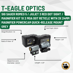 t-eagle optics sig sauer romeo 5 / juliet 3 red dot sight / magnifier kit 1x 2 moa dot reticle with 3x 24mm magnifier powercam quick-release mount grey