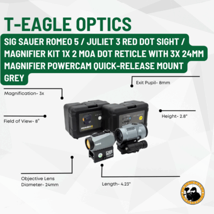 t-eagle optics sig sauer romeo 5 / juliet 3 red dot sight / magnifier kit 1x 2 moa dot reticle with 3x 24mm magnifier powercam quick-release mount grey