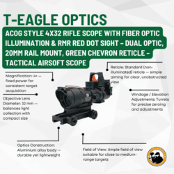 t-eagle optics acog style 4x32 rifle scope with fiber optic illumination & rmr red dot sight – dual optic, 20mm rail mount, green chevron reticle – tactical airsoft scope