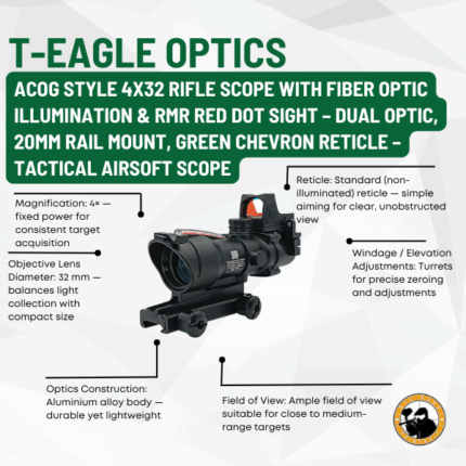 t-eagle optics acog style 4x32 rifle scope with fiber optic illumination & rmr red dot sight – dual optic, 20mm rail mount, green chevron reticle – tactical airsoft scope