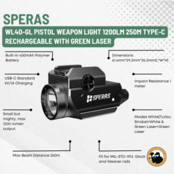 speras wl40-gl pistol weapon light 1200lm 250m type-c rechargeable with green laser