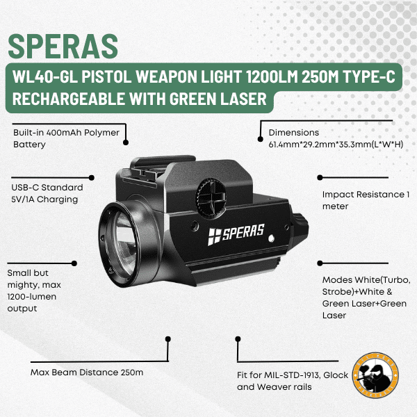 speras wl40-gl pistol weapon light 1200lm 250m type-c rechargeable with green laser